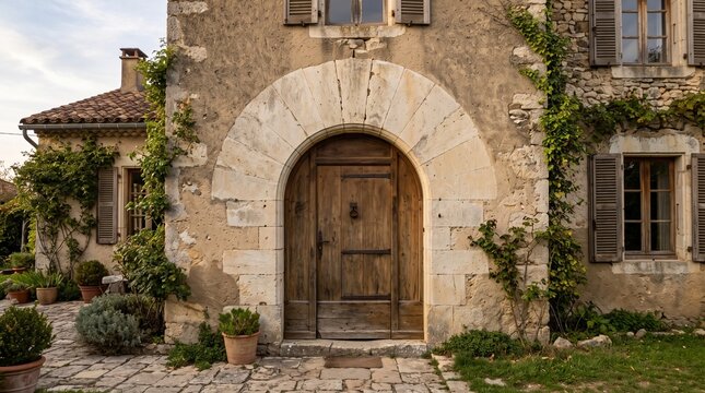Stone arch house entrance, Timber door residential facade, Traditional masonry exterior detail, Mediterranean home doorway architecture, Pale stone property entrance