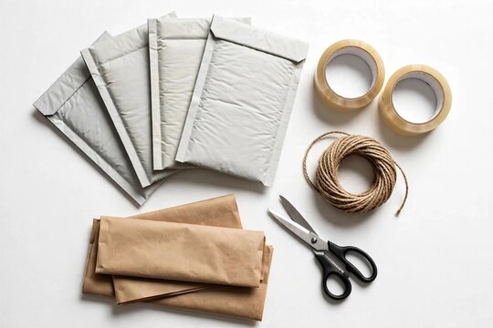 Shipping supplies flat lay with mailers tape twine and scissors