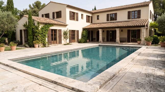 Villa exterior with pool, Cream Mediterranean luxury residence, Stone terrace swimming area, Shaded loggia home facade, Elegant residential outdoor architecture
