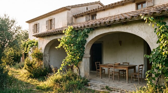 Arched veranda house exterior, Outdoor dining residential terrace, Traditional Mediterranean home facade, Shaded rural property architecture, Warm garden living space