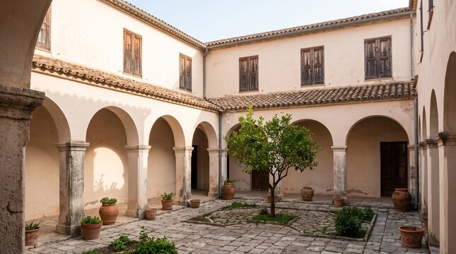 Courtyard house exterior arcade, Enclosed Mediterranean residential garden, Rounded arch home facade, Pale plaster courtyard architecture, Traditional private residence design