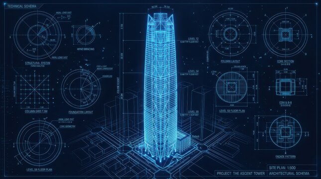 Architectural blueprint illustration of modern skyscraper design