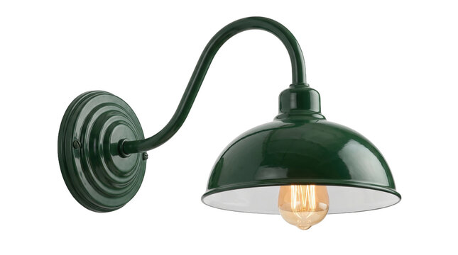 Dark green gooseneck wall sconce lamp with warm edison bulb, vintage barn light fixture for home and cafe, PNG, isolated on transparent background