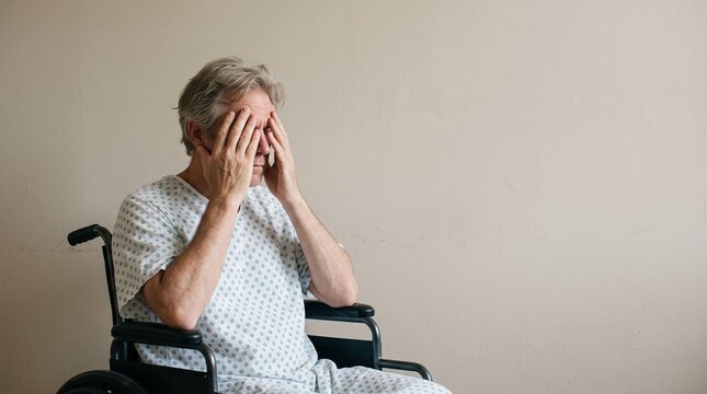 Senior Patient Covering Face in Confusion and Distress from Dementia Symptoms