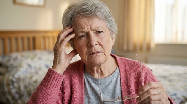 Confused and Worried Elderly Woman with Dementia Symptoms Touching Her Head in Distress
