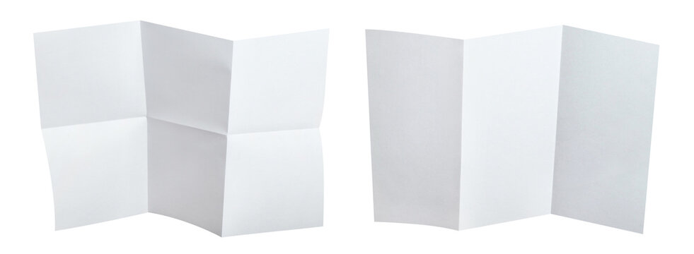 Collection of two empty folded paper mockups with visible creases, isolated on transparent cutout background