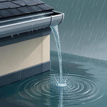 Rainwater flowing from a roof gutter into a puddle with circular ripples, digital illustration