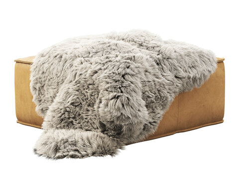 Mustard brown leather ottoman topped with a cream shaggy faux fur throw. Isolated 3D render for furniture visualisation.