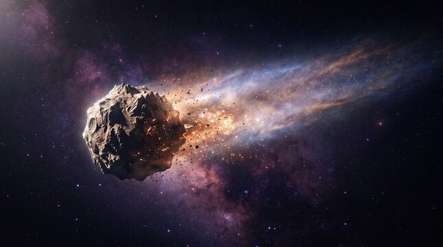 Rocky asteroid flying through space with glowing dust tail, flying debris and purple nebula starry background