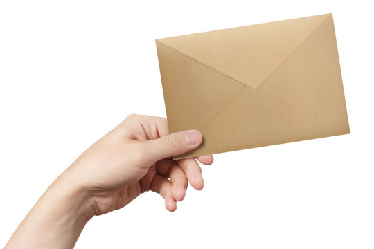 Hand holding closed brown kraft paper envelope for sending mail and letters, isolated on transparent cutout background