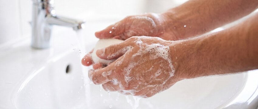 Person washing hands with soap under running water in a sink