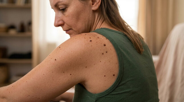 Woman with Moles on Shoulder Skin Concern Dermatology Concept