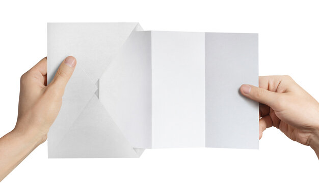 Blank white unfolded letter being removed from open white paper envelope by hands, isolated on transparent cutout background