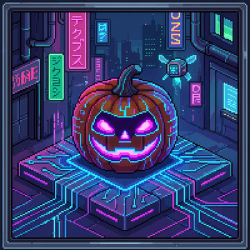 Cyberpunk Jack-o'-lantern labu halloween pixel art.