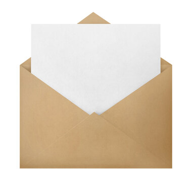 Open brown kraft paper envelope with blank white letter, isolated on transparent cutout background
