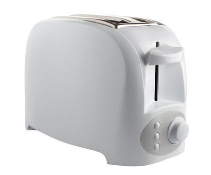 Modern white electric toaster with empty slots, isolated on transparent cutout background