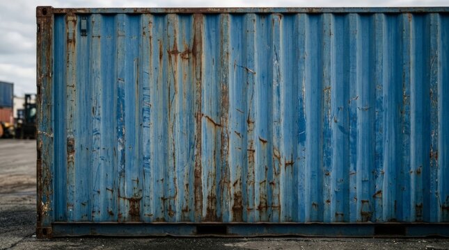 A close up of a weathered blue shipping container featuring a distinct rust texture metal surface with scratches and corrosion across the industrial corrugated wall