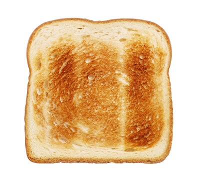 Single golden brown toasted white bread slice, front view, isolated on transparent cutout background