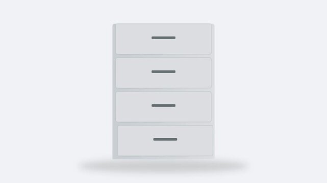 A sleek 2D animated filing cabinet smoothly opens its drawers in a synchronized sequence within a minimalist corporate environment. Brightly colored folders glide effortlessly into their designated sl