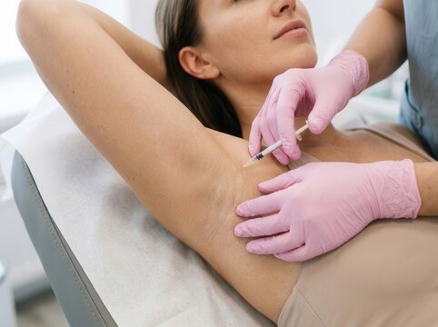 A woman receives a botox injection for underarm sweating