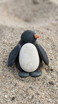Handmade stone penguin sculpture on sandy beach, creative seaside pebble art and beachcraft decor