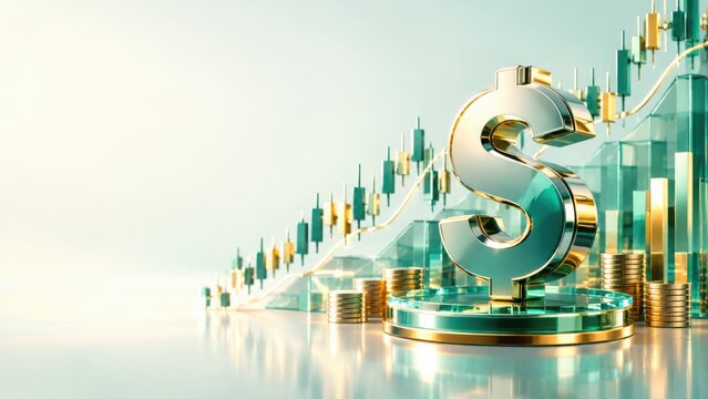 Large metallic dollar sign symbol standing on a glass platform with financial stock market bar... de