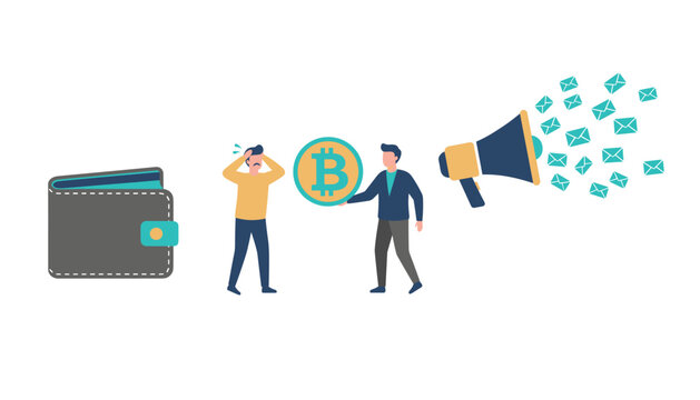Digital asset marketing and financial stress concept featuring bitcoin transaction, megaphone, and empty wallet icons.