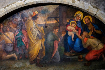 Saint Eucaire Church, Metz, Moselle, France. Detail of a mural depicting the Epiphany. The scene shows the Three Wise Men bringing their gifts to the Baby Jesus. © Julian