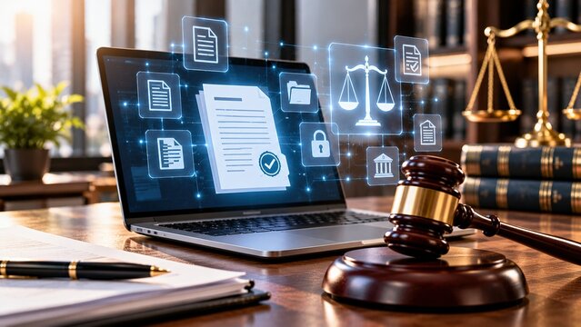 Legal technology concept with digital contract documents, electronic signature and compliance icons on laptop, judge gavel and scales of justice. Secure legal workflow and document management.