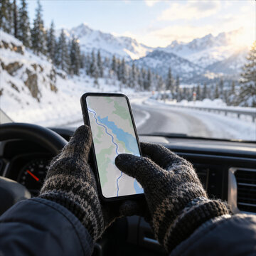 Gloved driver checks digital map while navigating snowy mountain road, with evergreen forest and alpine peaks glowing in winter sunlight