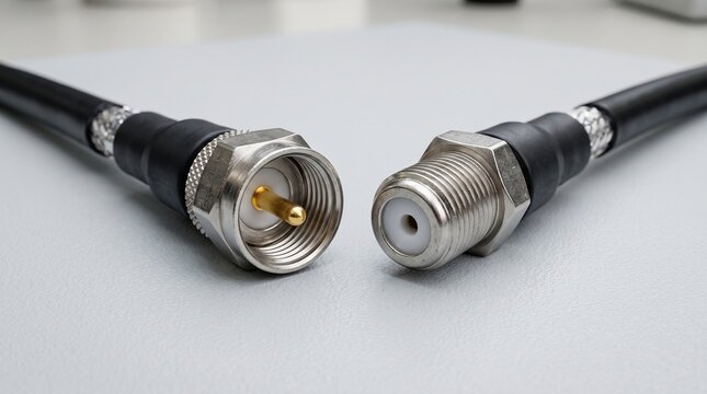 Coaxial cables with connectors displayed on a gray background  