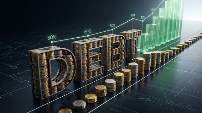 Debt Financial Growth 3D Text Made of Coins Rising Bar Chart and Economic Graph