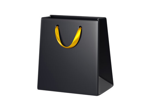 Premium black shopping bag with gold handles isolated on background. Ideal for fashion, retail branding, gift promotions, Black Friday.
