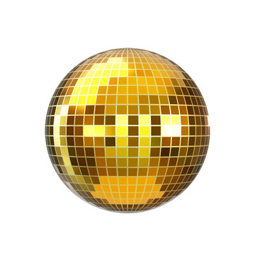 3d Gold disco ball, isolated on background. Mirror sphere, shiny globe shape for retro nightlife, celebrations.
