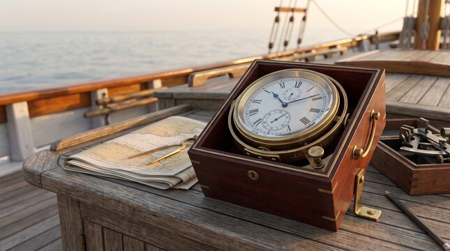 Antique compass and navigational tools on a wooden ship deck  