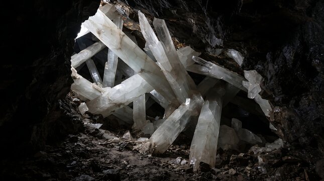 Natural cluster of translucent quartz crystals growing inside a dark cavern with crystal