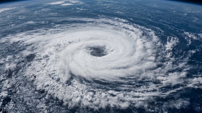 Massive hurricane swirling over the deep blue ocean as seen from space with tropical cyclone