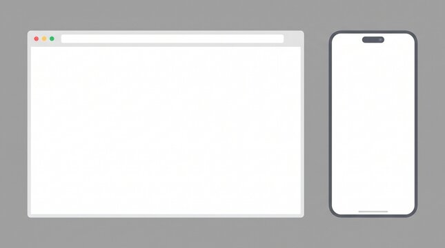 Browser window for computer and mobile. Mockup of web site screen. Template of browser for laptop and smartphone in white simple, flat design. Blank page with search bar and toolbar.