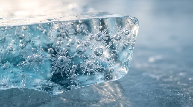 Close up view of a clear block of natural glacial ice with trapped air bubbles and snowflake patterns