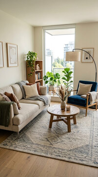 Cozy modern living room with natural light comfortable sofa armchair coffee table plants and large window with city view