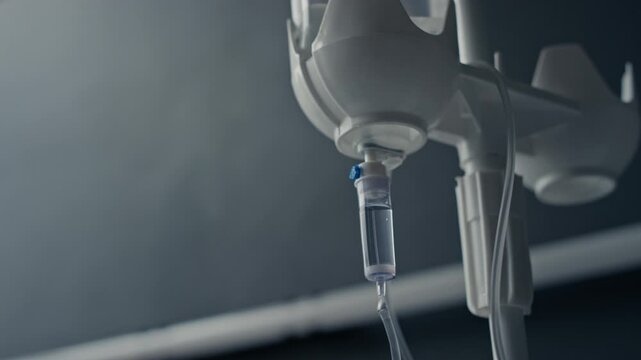 Intravenous drip chamber infusing liquid medicine in hospital, close up shot. Perfect for clinical healthcare campaigns and emergency medical projects