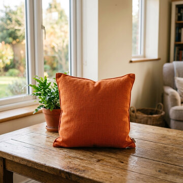 Cozy Orange Textured Cushion on Wooden Table with Potted Plant and Window View