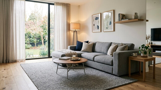 Cozy modern living room with sectional sofa coffee table and large window overlooking garden