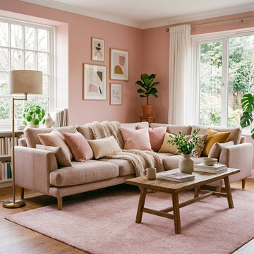 Cozy Pink Living Room with Sectional Sofa Coffee Table and Art