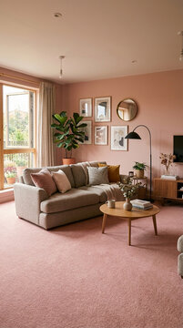 Cozy modern living room with plush sofa pink carpet and artwork gallery wall natural light from large window