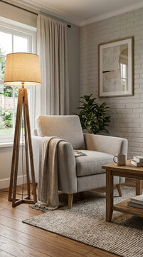 Cozy Reading Nook Armchair Floor Lamp Blanket Coffee Table with Book and Mug Natural Light Home Decor