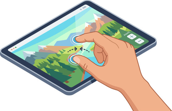 Hand performing a common touchscreen pinch-to-zoom gesture on a tablet screen, flat vector illustration isolated on white background