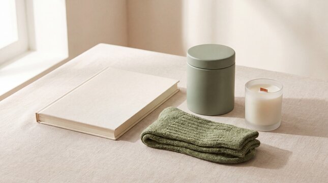 wellness essentials, a serene self-care kit featuring a journal, soft socks, tea tin, and candle