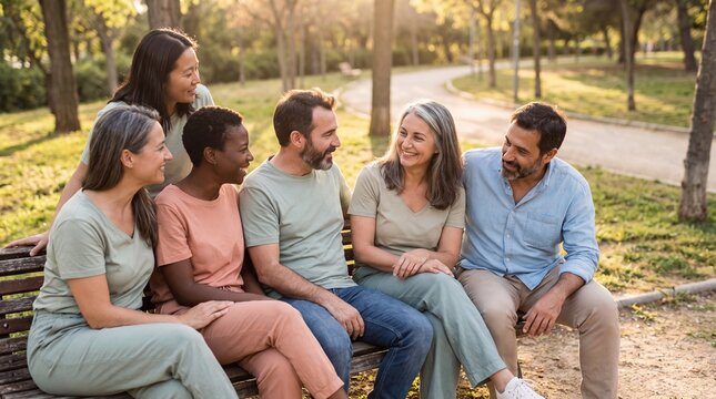community connections, a diverse group of adults shares laughter on a park bench, radiating warmth