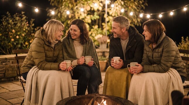 evening social gatherings, a warm gathering of friends under twinkling string lights, sharing moments
